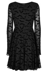 Black Minimalist Flared Sleeve Bat Moon Flocking Print Pattern Long Sleeves Punk Women's Dress - Product - 7