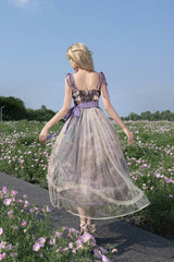 Purple [Oil Painting – In the Shade of Blossoming Trees] Sleeveless Print Ruffle Bowknot Lace Sweet Lolita Jsk Dress - Product - 5