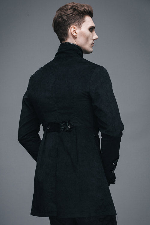 Black Fake Two Pieces Embroidered Turn Down Collar Long Sleeves Velvet Mens Gothic Coat - Product - 5