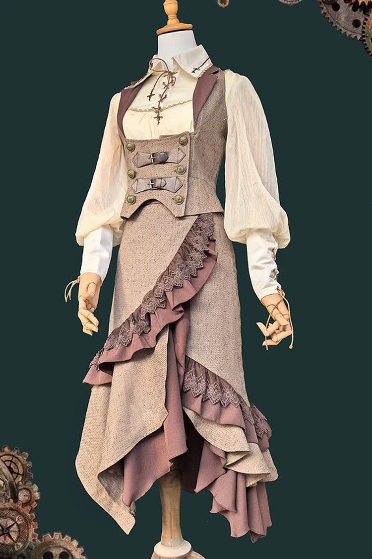 Coffee Brown [The Traveler] Sleeveless Ruffled Irregular Asymmetric Punk Lolita Skirt Set - Product - 4