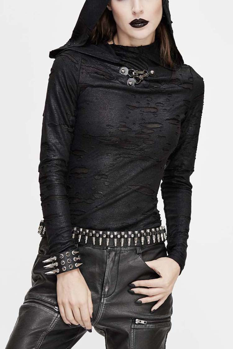 Black Hooded Snakeskin Ripped Pattern Triangle Metal Nail Asymmetrical Women's Punk Shirt - Black - 1