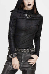 Black Hooded Snakeskin Ripped Pattern Triangle Metal Nail Asymmetrical Women's Punk Shirt - Black - 1