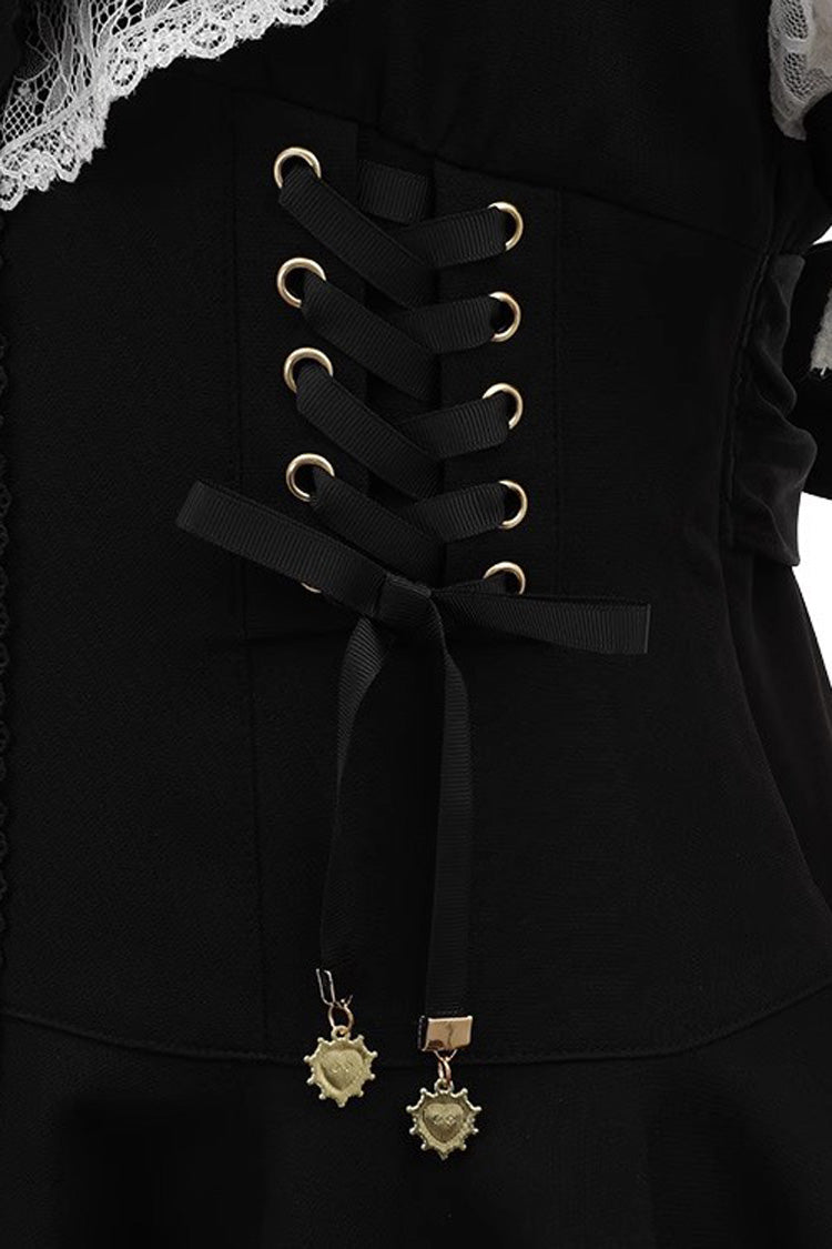 Black Japanese Diamond Buckle Heart Bow Lace Sweet Jirai Kei Dress Fake Two-piece Set - Product - 6