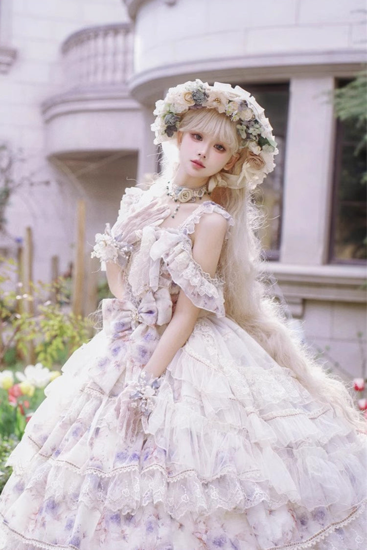 Blue [Rose Letter] Off Shoulder Triple-Layered Print Ruffle Hanayome Sweet Princess Lolita Dress - Product - 6