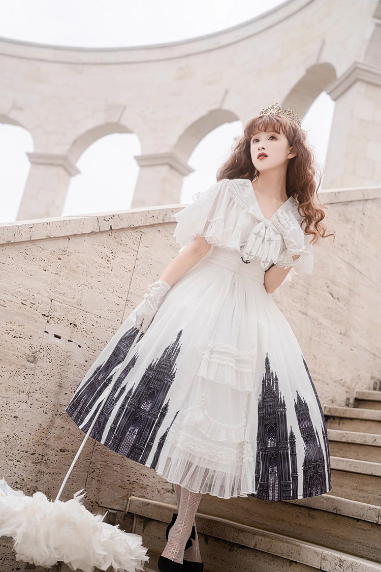 White Sleeveless Print Lace Gothic Vintage Princess Lolita Jsk Dress - Product - 2