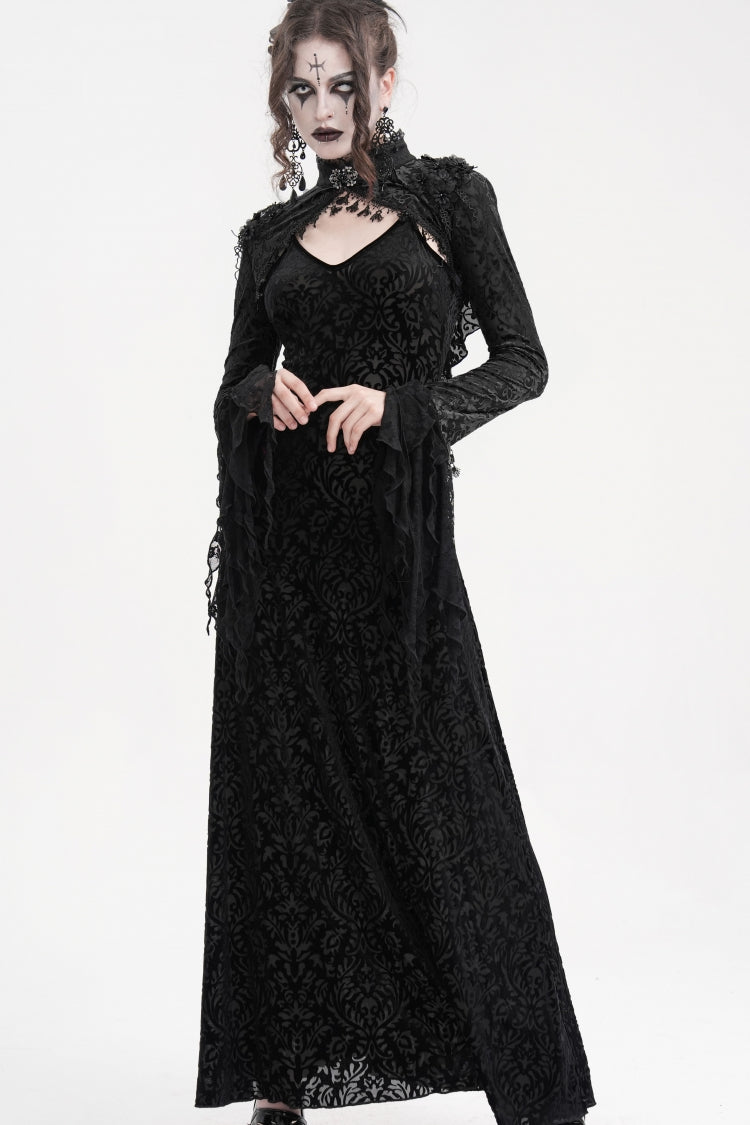 Black Stand Collar Long Sleeves Lace Tassels Women's Gothic Cape - Product - 9
