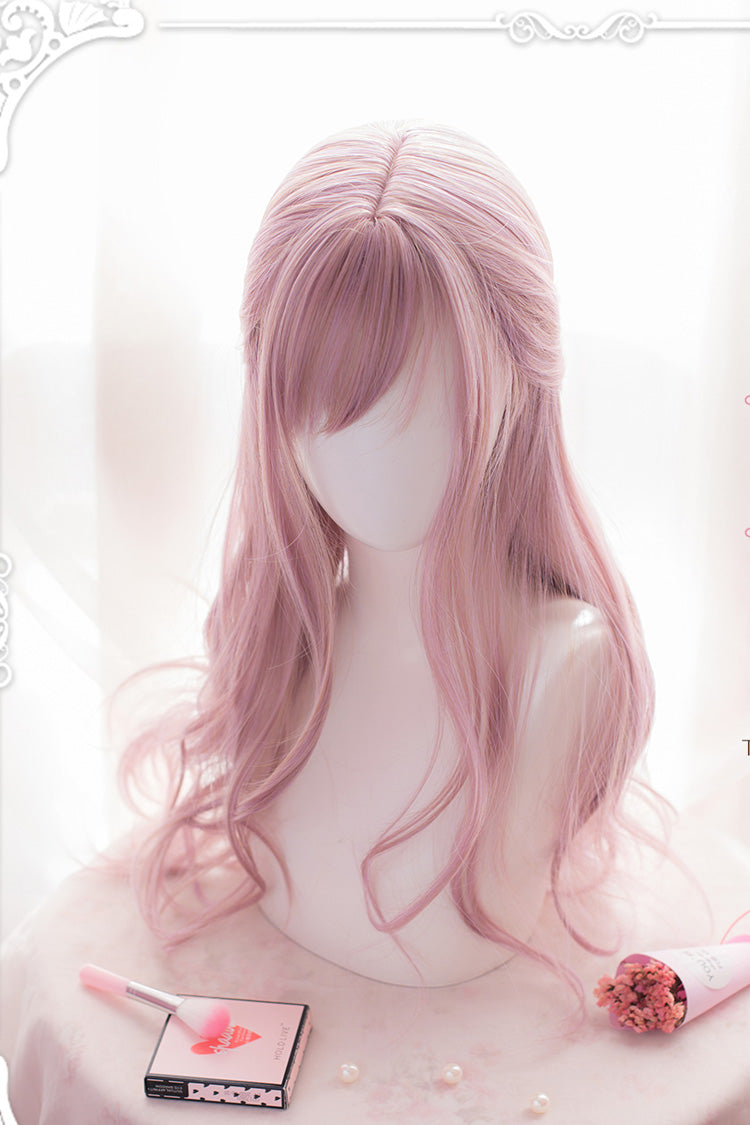 Pink Long Curly Hair Oblique Bangs Sweet Lolita Wig - Pink - 1