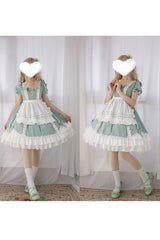 White/Green Spring Wood Branches Short Sleeves Ruffle Hanayome Bowknot Sweet Lolita Dress - Product - 4