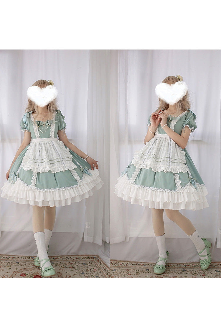 White/Green Spring Wood Branches Short Sleeves Ruffle Hanayome Bowknot Sweet Lolita Dress - Product - 4