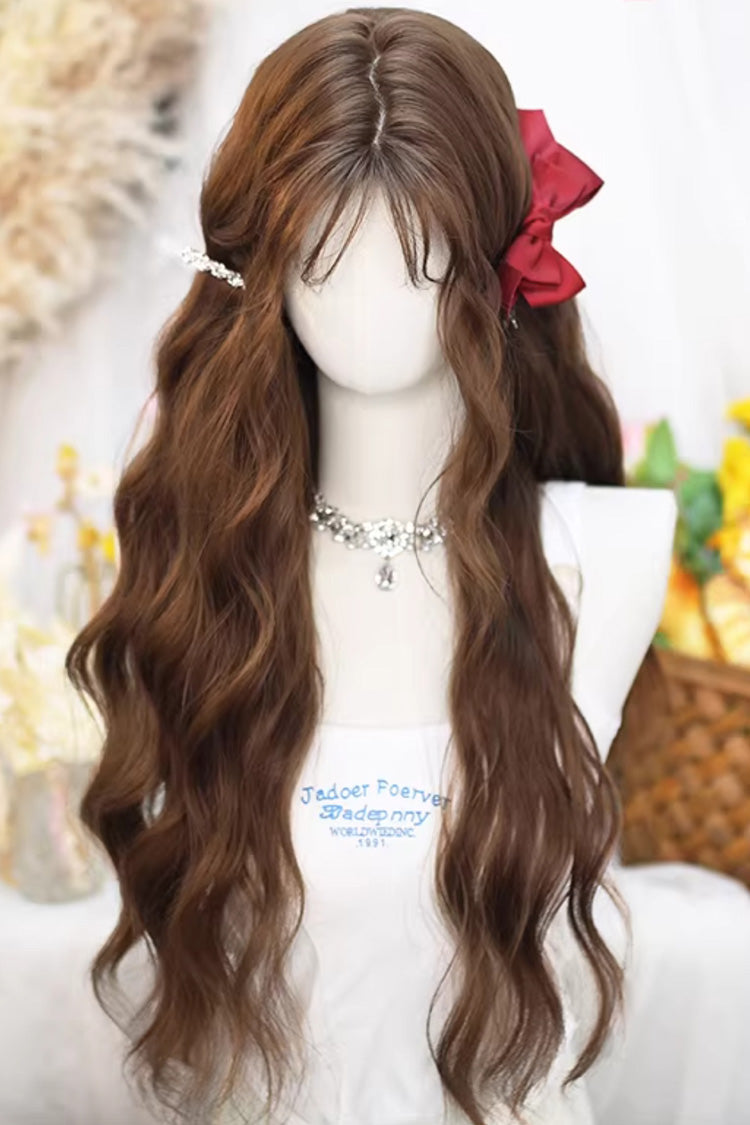 Caramel Warm Brown Long Wavy Wig with Light Wispy Bangs Sweet Lolita - Caramel-Warm-Brown - 1