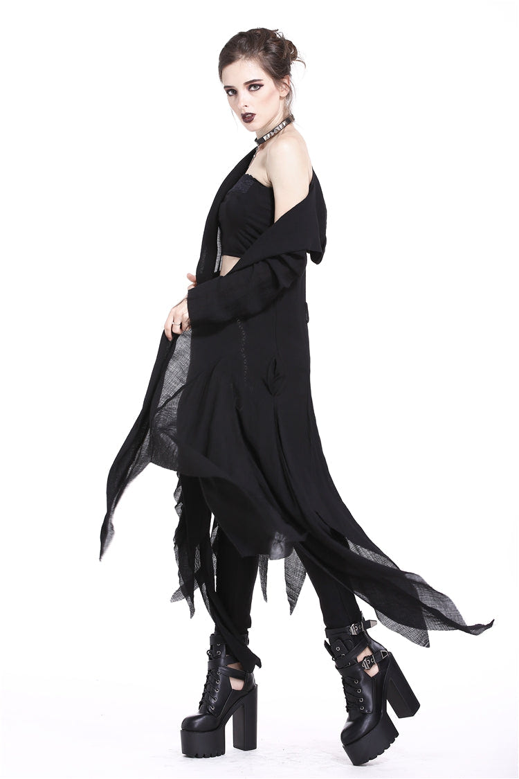 Black Long Sleeves Women's Grungy Gothic Vintage Hooded Coat - Product - 7