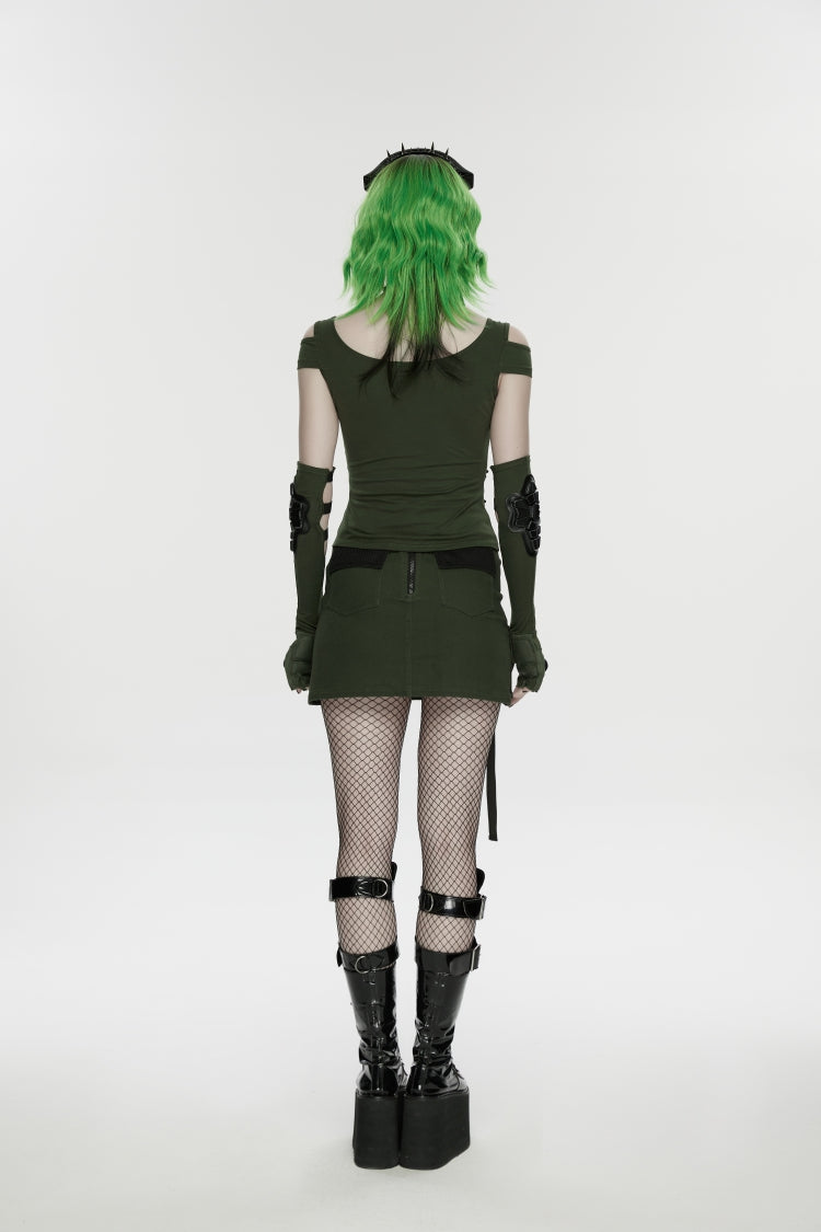 Black/Green Lace-Up Slim Asymmetric Zippered Eyelet Women's Punk Handsome Skirt - Product - 6