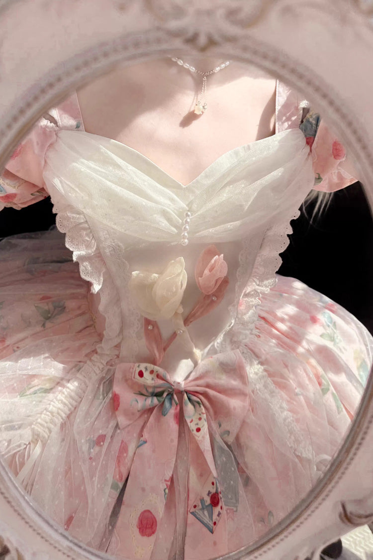Pink [Tulip's Letter] Off Shoulder Short Sleeves Print Ruffle Bowknot Lace Sweet Elegant Lolita Dress - Product - 5