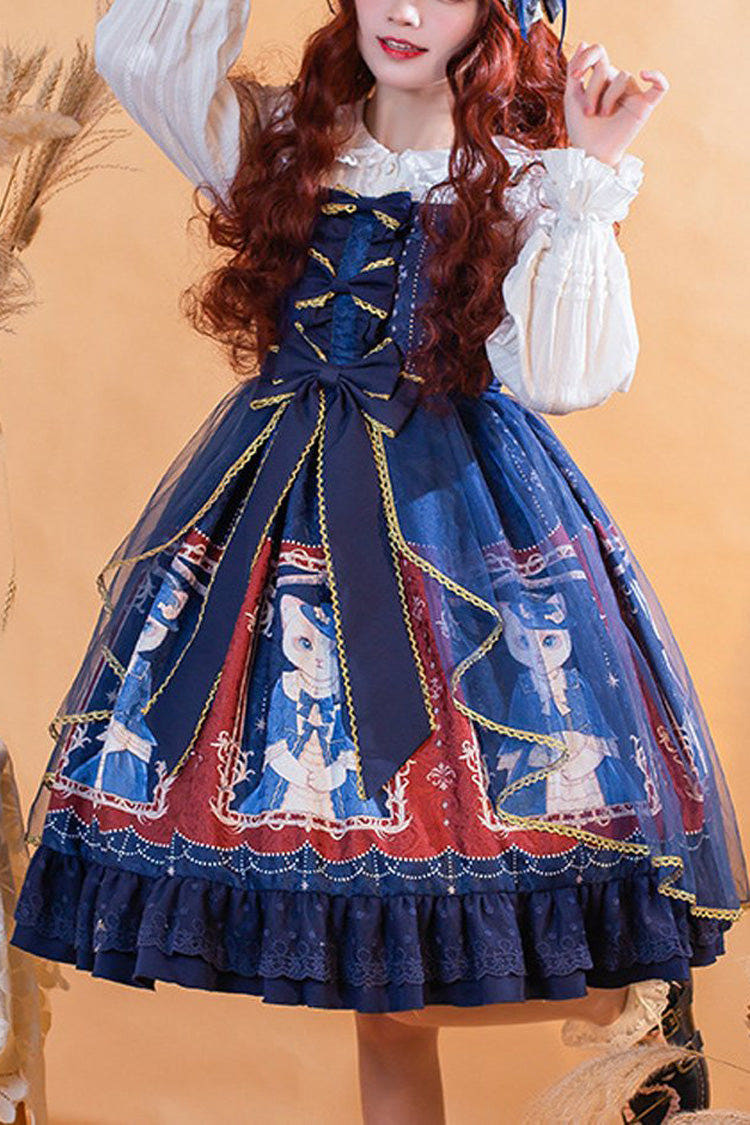 Royal Court Lace Chiffon Waist Bow Cat Printed Sweet Lolita Jsk Dress - Blue - 1
