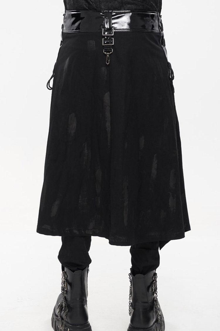 Black Punk Patent Leather Paneled Belt Irregular Print Metal Men's Skirt - Product - 5