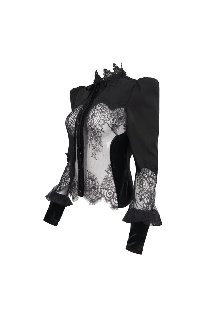 Black High Collar Translucent Lace Patchwork Bow Decoration Long Sleeve Women's Gothic Shirt - Product - 9