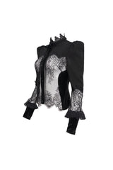 Black High Collar Translucent Lace Patchwork Bow Decoration Long Sleeve Women's Gothic Shirt - Product - 9