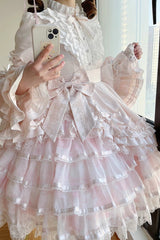 Pink [The Soloist Doll] Long Hime Sleeves Multi-Layered Print Ruffle Bowknot Asymmetric Sweet Lolita Dress - Product - 17