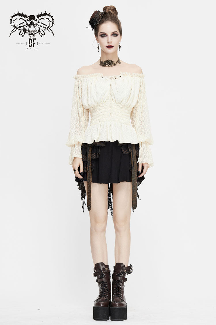 White Off Shoulder Long Sleeves Ruffle Lace Women's Gothic Blouse - Product - 3