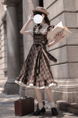 Brown [The Thames at Dusk] Print Short Sleeves Ruffle Bowknot Fake Two Pieces Vintage Lolita Dress - Product - 7