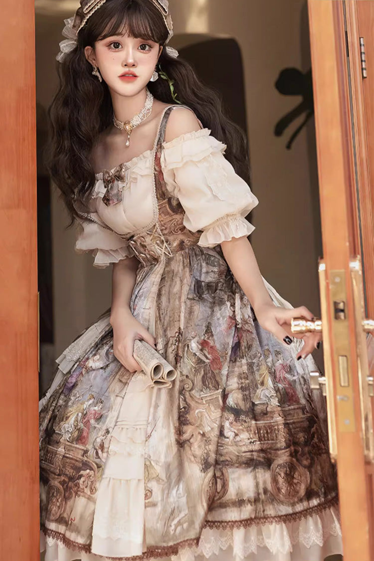 Brown [Cloria] Oil Painting Print Bowknot Lace Sweet Elegant Palace Lolita Jsk Dress - Product - 10