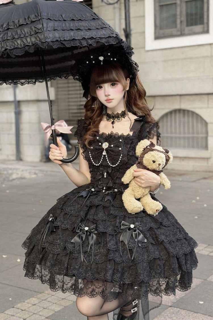 Black [Featherlight Slumber] Square Collar Sleeveless Multi-Layered Bow Lace Pearl-Decorated Gothic Lolita Jsk Dress - Product - 2