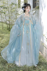 Blue Long Sleeves Embroidery Pearl Chain Sweet Tang-style Hanfu Hezi Dress Set - Product - 3