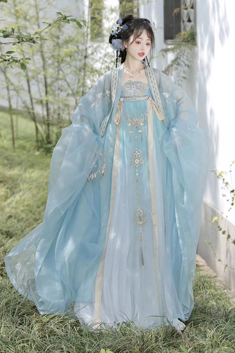 Blue Long Sleeves Embroidery Pearl Chain Sweet Tang-style Hanfu Hezi Dress Set - Product - 3