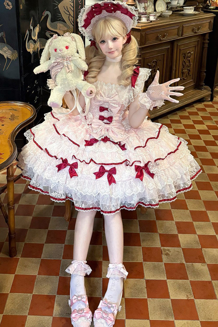 Pink [Moon-Tide Butterfly’s Call] Sleeveless Multi-Layered Ruffle Bowknot Lace Sweet Lolita Jsk Dress - Product - 5