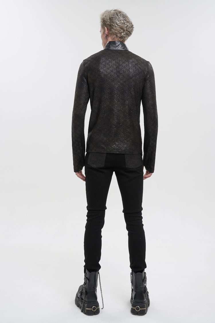 Black Stand Collar Long Sleeves Faux Leather Splice Men's Gothic Shirt - Product - 4