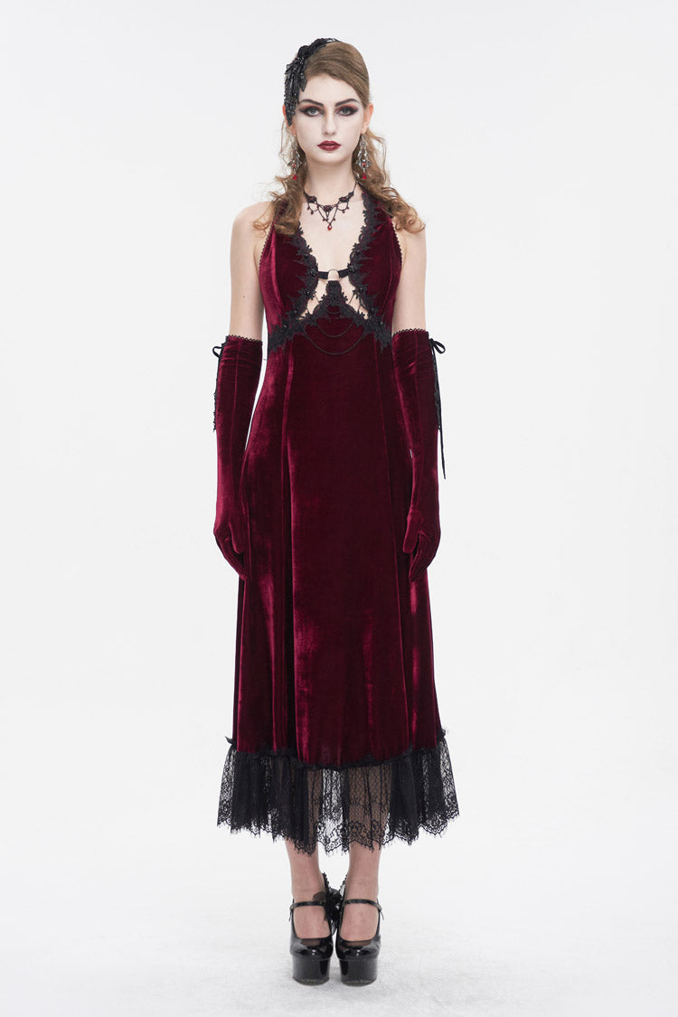 Red Lace Up Lace Hem Slip Long Women's Gothic Dress - Product - 3