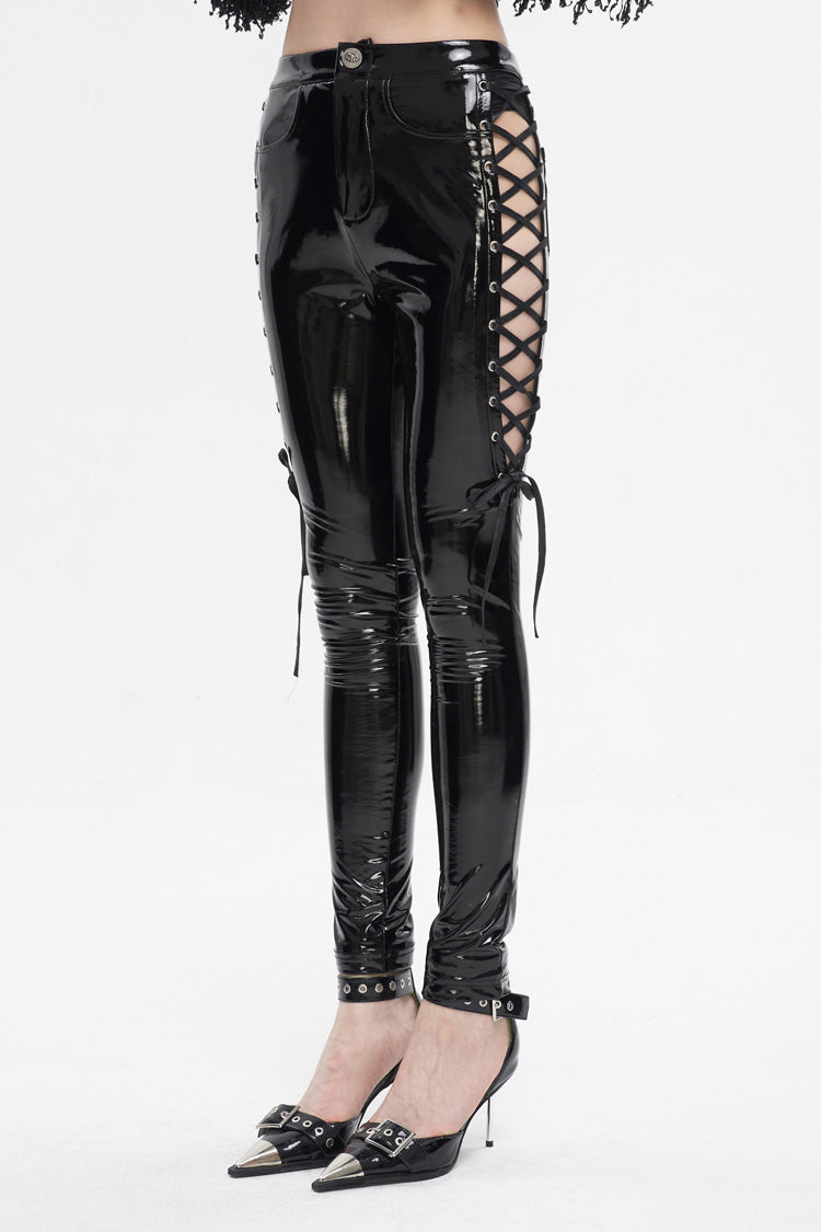 Black Patent Leather Side Cutout Lace Up Women's Punk Pants - Product - 3