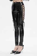 Black Patent Leather Side Cutout Lace Up Women's Punk Pants - Product - 3