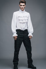 White Ruffled Lace Button-Up Micro-bullet Chiffon Long Sleeve Men's Gothic Shirt - Product - 8