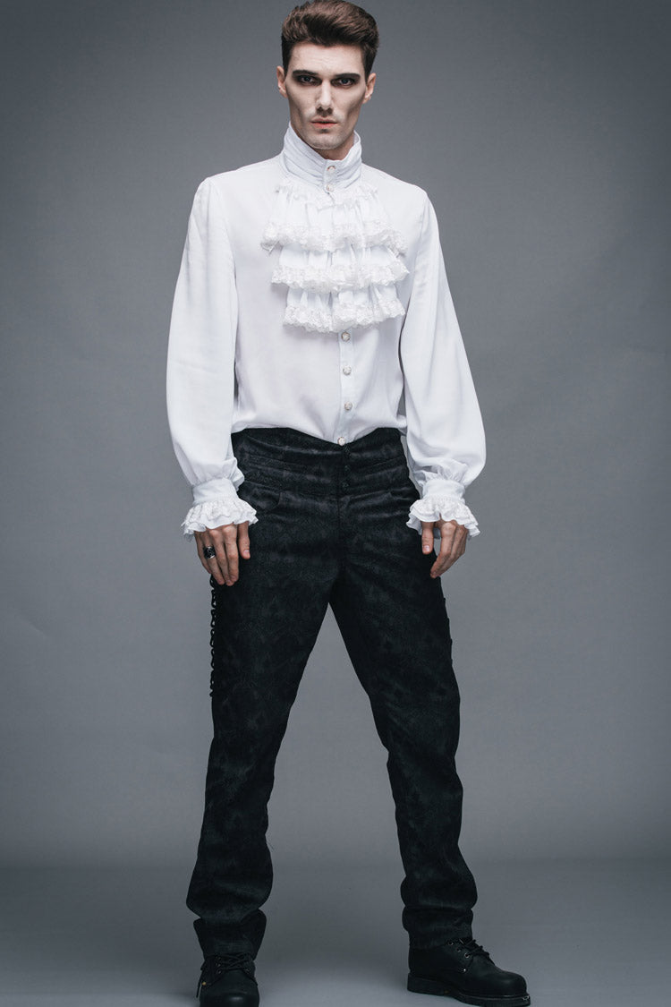 White Ruffled Lace Button-Up Micro-bullet Chiffon Long Sleeve Men's Gothic Shirt - Product - 8