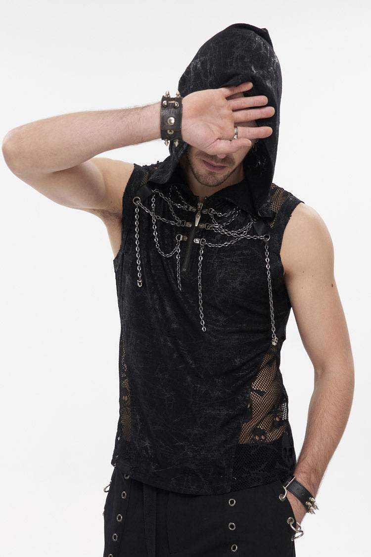 Black Skull Hollowed Out Print Stitched Sleeveless Chain Hoodie Men's Punk Shirt - Product - 2