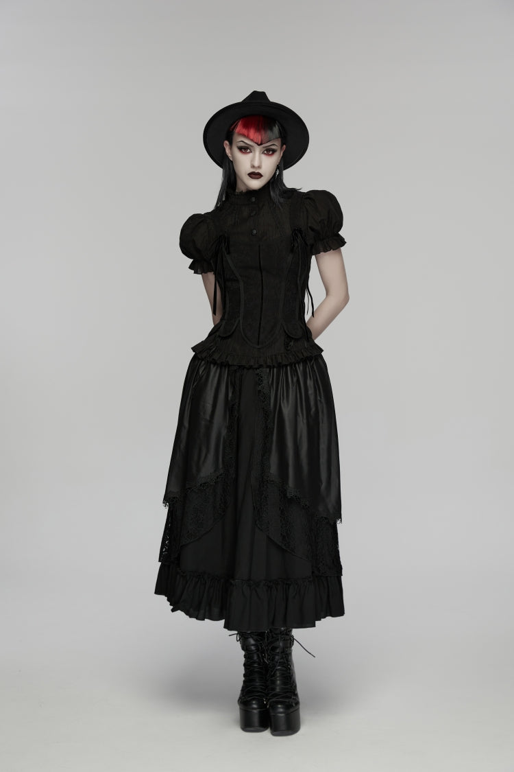 Black High Waisted Multi-Layered Floral Embroidered Lace Pleated Women's Gothic Elegant Cosplay Skirt - Product - 8