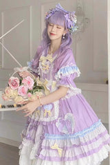 Purple Star Sugar Short Sleeves Multi-layer Ruffle Bowknot Sweet Lolita Dress - Product - 5