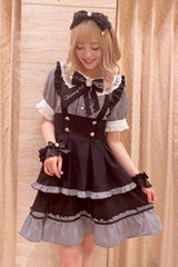 Black Short Puff Sleeves Print Ruffle Bowknot Sweet Jirai Kei Lolita Dress - Black - 1