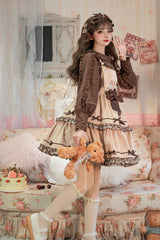 Khaki [Cute Bear] Embroidery Print Sleeveless Double-Layered Ruffle Bowknot Sweet Lolita Jsk Dress - Product - 2