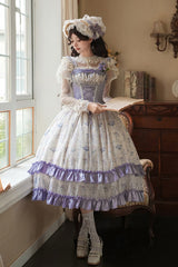 Purple/Ivory [Iris Secrets] Double-Layered Print Ruffle Bowknot Lace-Up Fake Two Pieces Sweet Lolita Jsk Dress - Purple/Ivory - 1