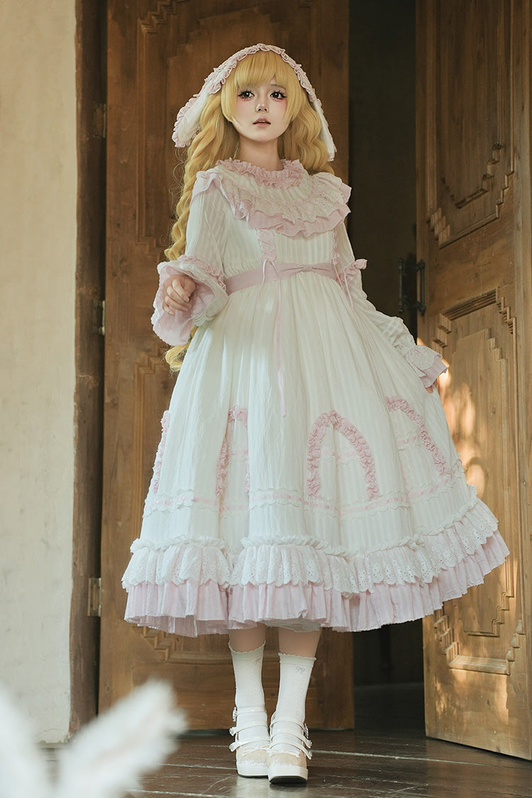 Pink [Twin Lilian] Round Collar Long Sleeves Double-Layered Ruffled Bow Lace-Up Sweet Lolita Dress - Product - 3