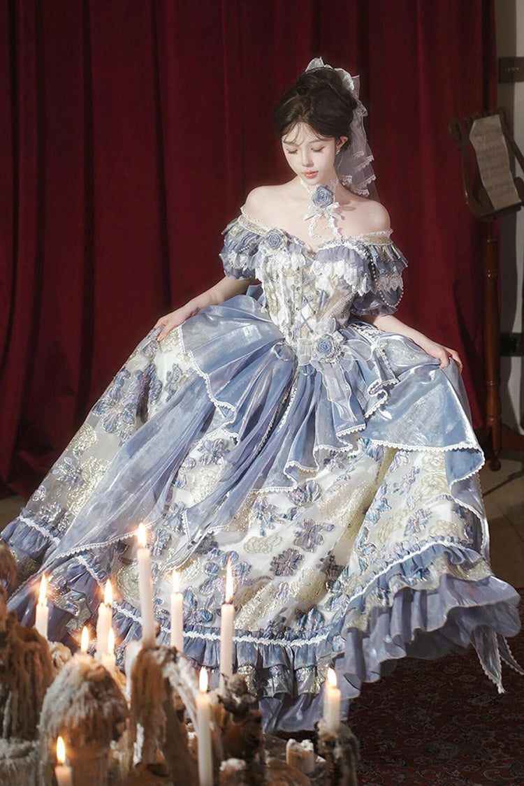Blaues, schulterfreies Jacaranda-Kleid mit kurzen Ärmeln, bedruckt, mit Rüschen, bestickter Schleife, Schnürung, süße, elegante Prinzessin (Kleid einzeln), Detailansicht 2