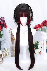 Japanese Style Highlight Trendy Girl Long Braid Sweet Lolita Wig 4 Colors - Dark-Red/Black - 4