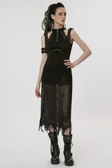 Black V Collar Knitted Hollow Mesh Women's Gothic Dress - Product - 4