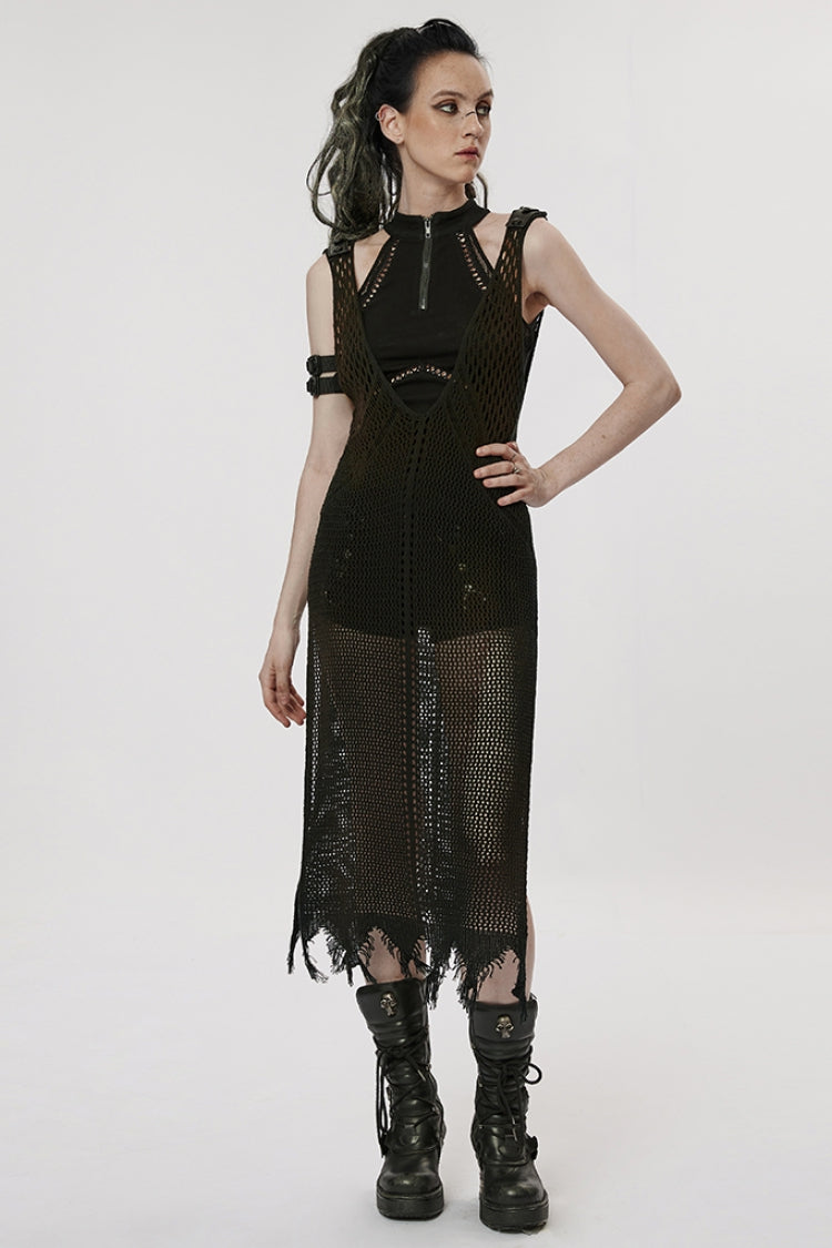 Black V Collar Knitted Hollow Mesh Women's Gothic Dress - Product - 4