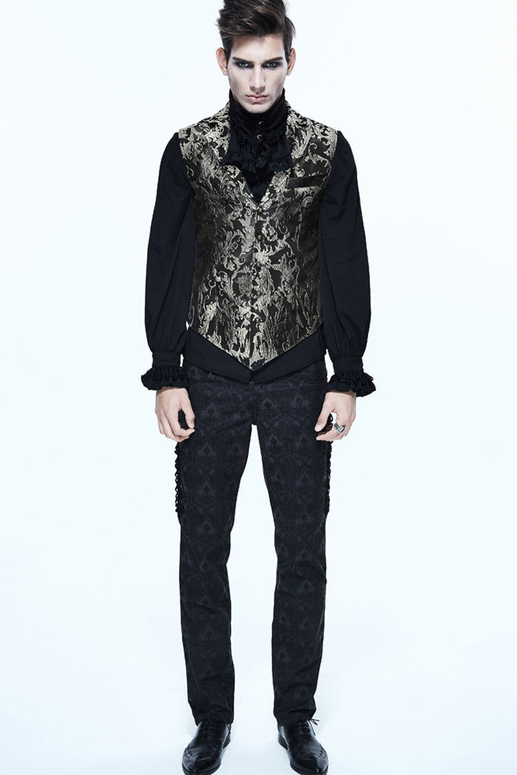 Black/Silver Jacquard Printed Button Men's Gothic Vest - Black/Silver - 5
