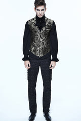 Black/Silver Jacquard Printed Button Men's Gothic Vest - Black/Silver - 5