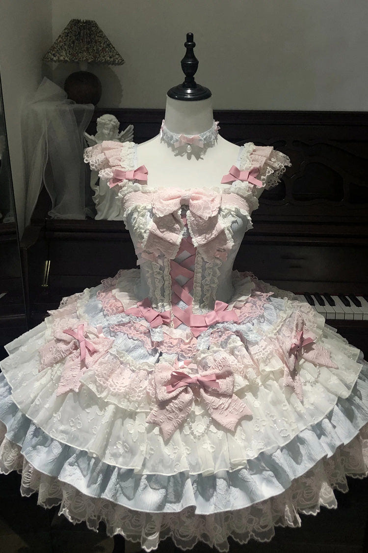 Blue/Pink [Honey Sweet Tart] Square Collar Sleeveless Multi-Layered Jacquard Ruffled Bow Lace Lace-Up Lolita Jsk Dress - Product - 4