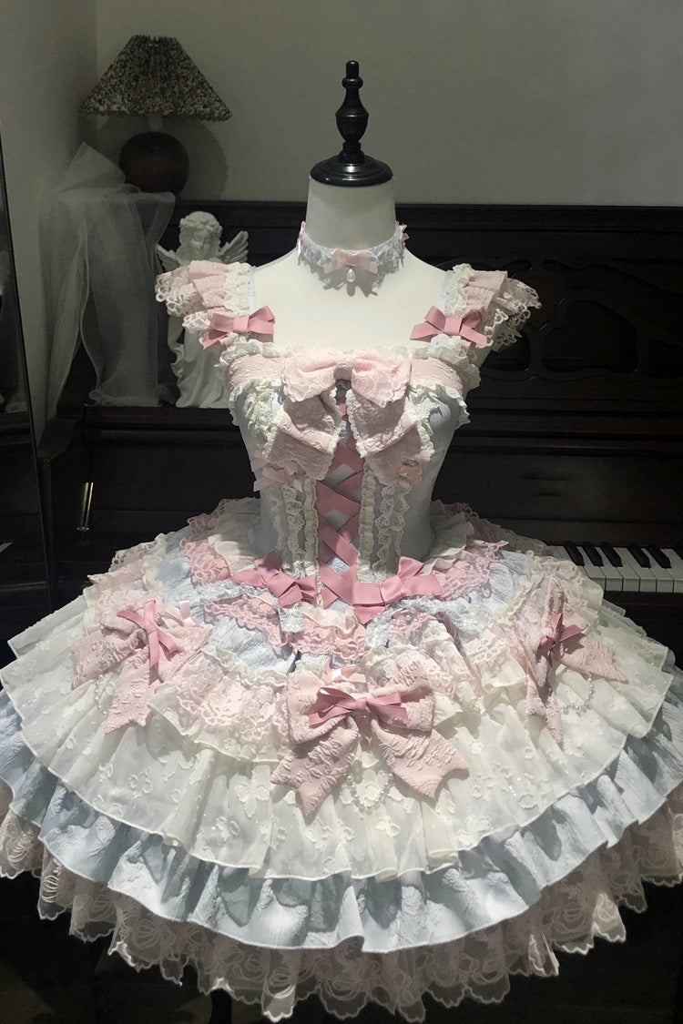 Blue/Pink [Honey Sweet Tart] Square Collar Sleeveless Multi-Layered Jacquard Ruffled Bow Lace Lace-Up Lolita Jsk Dress - Product - 4